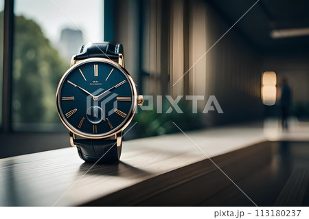 A luxury gold watch with a black dial. A luxury gold watch with a black dial. 113180237