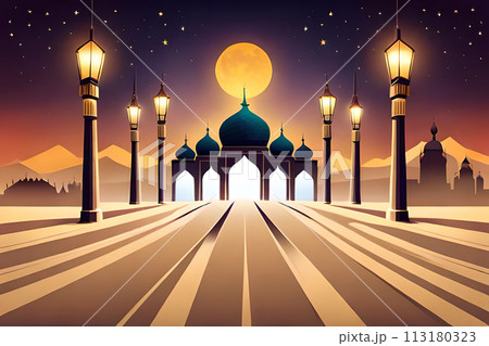 Ornamental Arabic lantern with burning candle glowing . 113180323