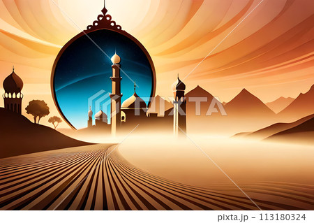 Ornamental Arabic lantern with burning candle glowing . 113180324