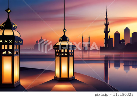 Ornamental Arabic lantern with burning candle glowing . Ornamental Arabic lantern with burning candle glowing . 113180325