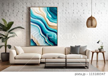 Marble abstract acrylic painting in the interior of the room. Marbling artwork texture. 113180347