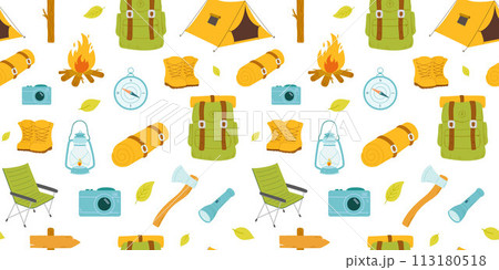 Seamless pattern with yellow camping tent, bonfire and compass isolated on white background. 113180518