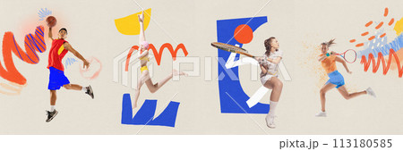 Banner. Contemporary art collage. Basketball, tennis, swimming. Young athletic man and woman training against doodles. 113180585