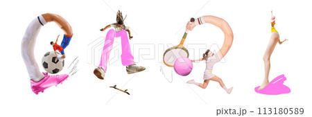 Banner. Contemporary art collage. Football, tennis, skateboarding, swimming. Sportsman with long legs and arms training. Banner. Contemporary art collage. Football, tennis, skateboarding, swimming. Sportsman with long legs and arms training. 113180589