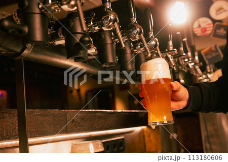 bartender's hand holds glass of light, cold, refreshing lager beer. Man Serving craft beer from tap at traditional pub. Concept of Oktoberfest, nightlife bartender's hand holds glass of light, cold, refreshing lager beer. Man Serving craft beer from tap at traditional pub. Concept of Oktoberfest, nightlife 113180606