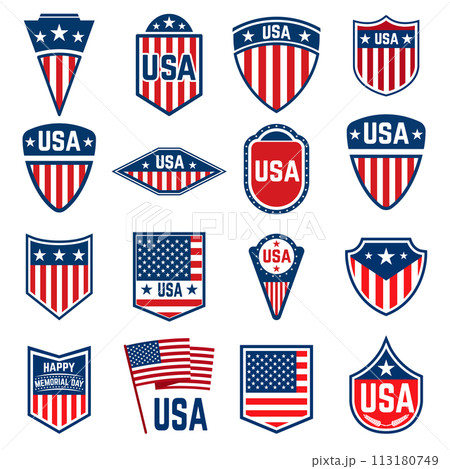 Set of signs with american flag. Design element for poster, t shirt, logo, emblem, sign. Vector illustration 113180749