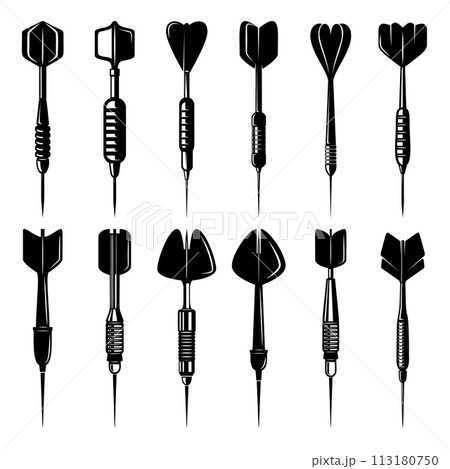 Set of illustrations of darts in vintage monochrome style. Design element for logo, label, sign, emblem, poster. Vector illustration 113180750