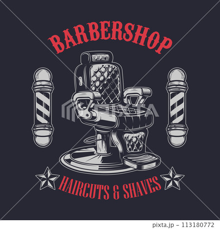 Barber shop poster template. Barber shop chair. Vector illustration 113180772