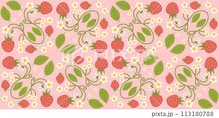 Strawberry-themed seamless pattern design featuring delightful berries, flowers, green leaves. Recurring surface design suitable for clothing, textiles, wrapping paper, and various applications. 113180788