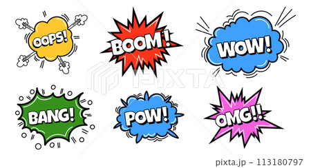 Pow comic bubble collection. Sound dialogue speech bubbles with word - WOW, Bang, OMG and other. Pop art expression in bright color and black outline. 113180797