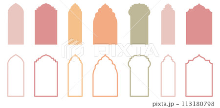 Compilation of traditional Islam window or door shapes. Set of Mosque Muslim frames in silhouette and outline. Compilation of traditional Islam window or door shapes. Set of Mosque Muslim frames in silhouette and outline. 113180798