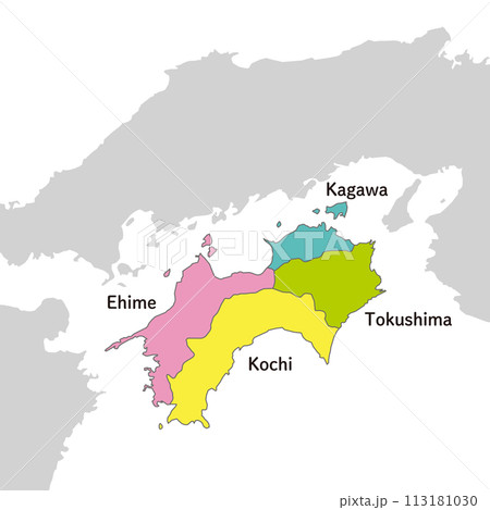 四国地方、四国地方のカラフルな地図、英語の県名入り 四国地方、四国地方のカラフルな地図、英語の県名入り 113181030