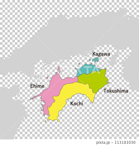 四国地方、四国地方のカラフルな地図、英語の県名入り 四国地方、四国地方のカラフルな地図、英語の県名入り 113181030
