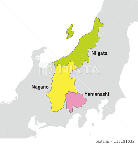 甲信越地方、甲信越地方のカラフルな地図、英語の県名入り 113181032