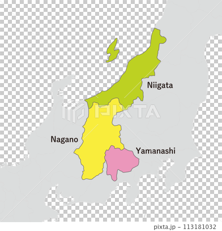甲信越地方、甲信越地方のカラフルな地図、英語の県名入り 113181032