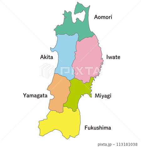 東北地方の各県の地図、アイコン、英語の県名入り 東北地方の各県の地図、アイコン、英語の県名入り 113181038