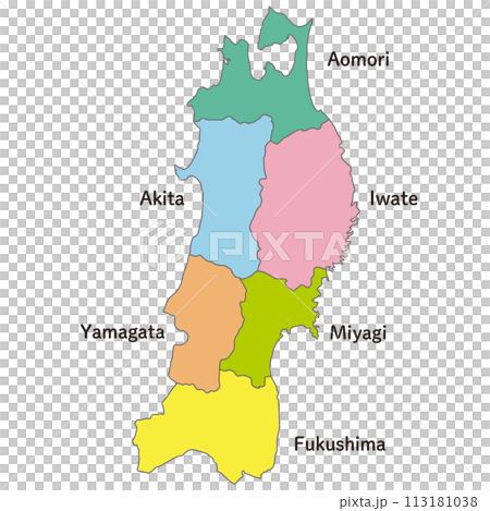 東北地方の各県の地図、アイコン、英語の県名入り 東北地方の各県の地図、アイコン、英語の県名入り 113181038
