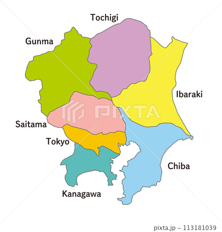 関東地方の各県の地図、アイコン、英語の県名入り 関東地方の各県の地図、アイコン、英語の県名入り 113181039