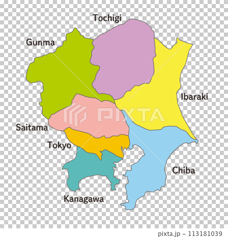 関東地方の各県の地図、アイコン、英語の県名入り 関東地方の各県の地図、アイコン、英語の県名入り 113181039