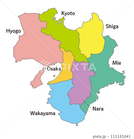 近畿地方の各県の地図、アイコン、英語の県名入り 113181041