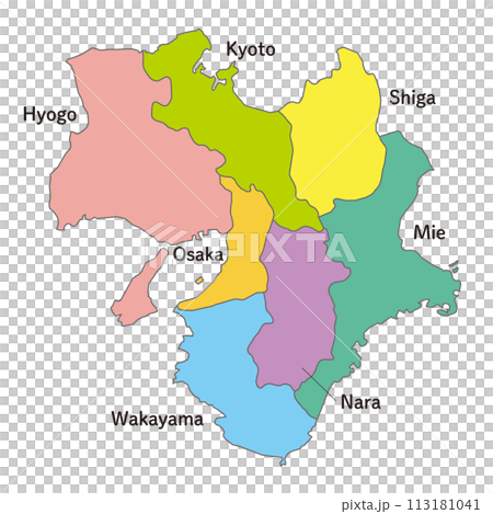 近畿地方の各県の地図、アイコン、英語の県名入り 113181041