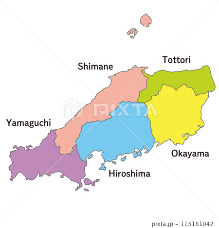 中国地方の各県の地図、アイコン、英語の県名入り 113181042