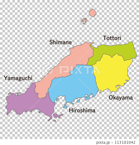 中国地方の各県の地図、アイコン、英語の県名入り 113181042