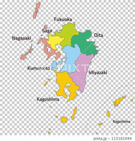 包括偏遠島嶼在內的九州地區各都道府縣的地圖，附有都道府縣的英文名稱 113181044