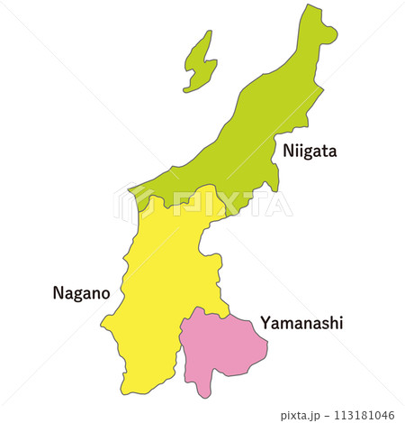 甲信越地方の各県の地図、アイコン、英語の県名入り 113181046