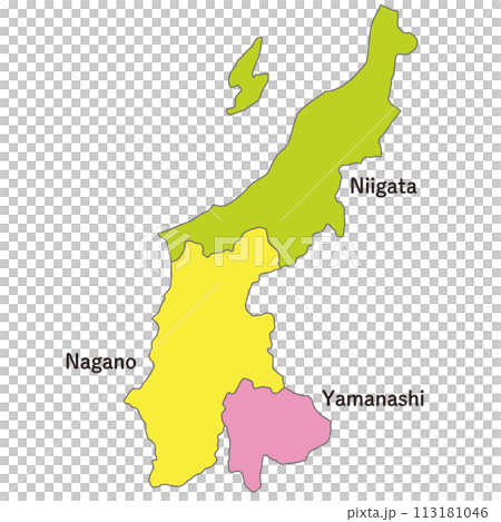 甲信越地方の各県の地図、アイコン、英語の県名入り 113181046