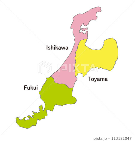 北陸地方の各県の地図、アイコン、英語の県名入り 113181047