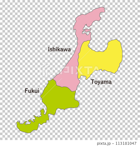 北陸地方の各県の地図、アイコン、英語の県名入り 113181047