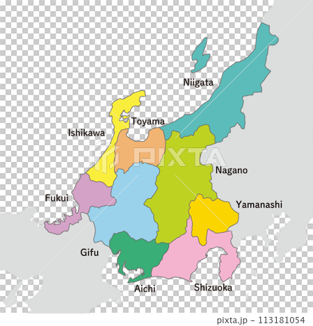 中部地方、中部地方のカラフルな地図、英語の県名入りのイラスト素材 [113181054] - PIXTA