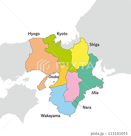 近畿地方、近畿地方のカラフルな地図、英語の県名入り 113181055