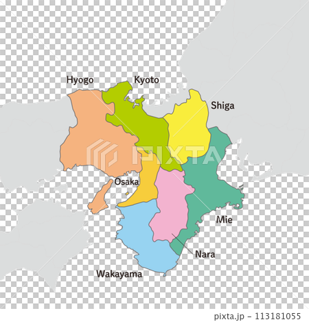 近畿地方、近畿地方のカラフルな地図、英語の県名入り 113181055