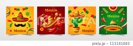 Mexican hat cards set with chilli and decorative elements on colorful background 113181083