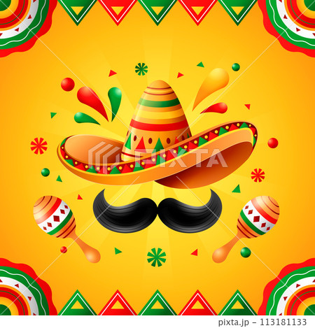 Mexican hat composition with maracas and decorative elements on yellow background 113181133