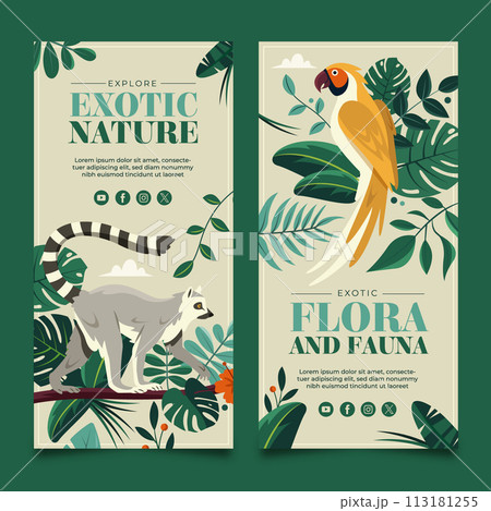 Flat exotic flora and fauna vertical banner template collection with wild animals 113181255