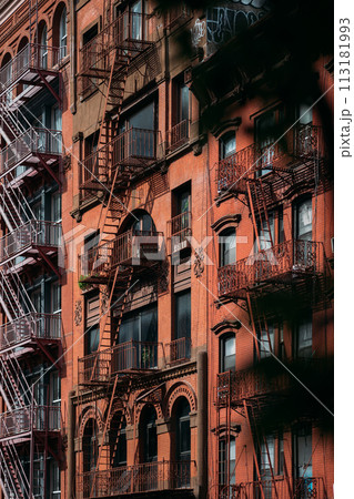 Vintage Fire Escapes on Classic New York Red Brick Buildings Vintage Fire Escapes on Classic New York Red Brick Buildings 113181993