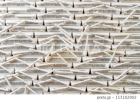 Stack of old internet wifi router, electronic e-waste recycling industry 113182002