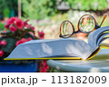 Reading glasses and open book on table in summer garden 113182009