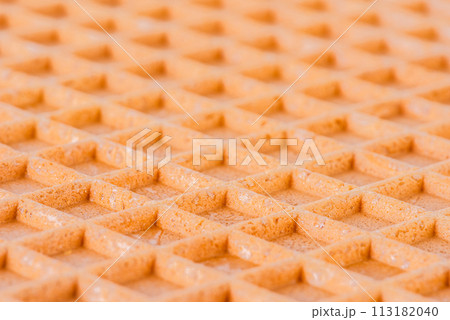 Spelt waffle with a grid pattern, macro closeup perspective view 113182040
