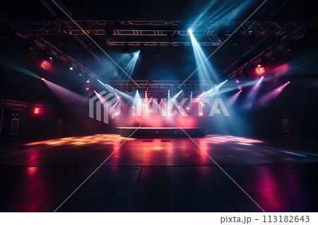 Vibrant Retro Disco Dance Floor An Empty Night Club Stage Alight with Red and Blue Spotlights, Laser Beams, Billowing Smoke, and Groovy Party Vibes. created with Generative AI 113182643