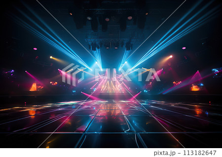 Vibrant Retro Disco Dance Floor An Empty Night Club Stage Alight with Red and Blue Spotlights, Laser Beams, Billowing Smoke, and Groovy Party Vibes. created with Generative AI 113182647