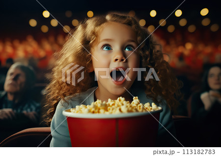 Captivated Little Girl, Astonished and Surprised, Experiencing the Magic of Cinema while Watching a Movie. created with Generative AIe 113182783