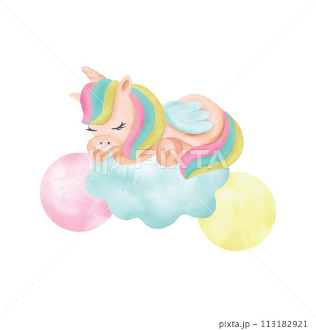 Cute unicorn sleeping on a cloud, watercolor. Hand drawn vector illustration for cards, invitations, covers. Set of elements for fantasy unicorns. Cute unicorn sleeping on a cloud, watercolor. Hand drawn vector illustration for cards, invitations, covers. Set of elements for fantasy unicorns. 113182921