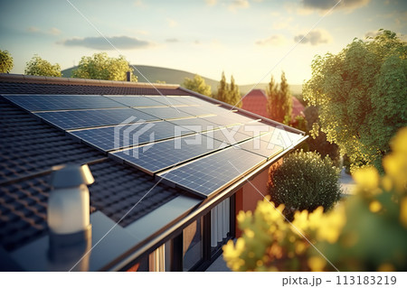 Harnessing the Sun's Power Solar Panels on a New Building's Roof Under a Blue Sky, Promoting Sustainable and Clean Energy at Home. created with Generative AI 113183219