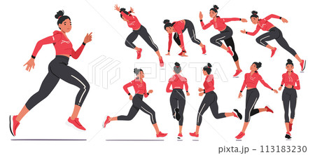 Vector Set of Young Fit Girl Character Dedicated To Her Passion For Running, Displays Determination And Grace On Track 113183230