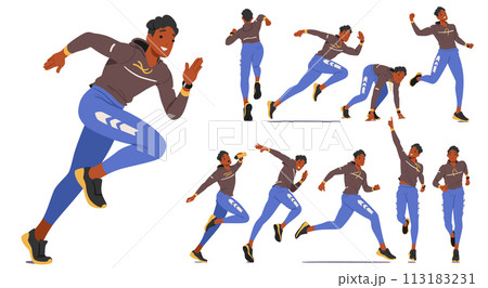 Set of Young Man Runner Athlete Character Displays Fluidity, Determination, And Strength In His Dynamic Poses 113183231