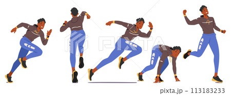 Young, Athletic Man Character Surges Forward With Determination, Arms Pumping Rhythmically, Vector Set 113183233
